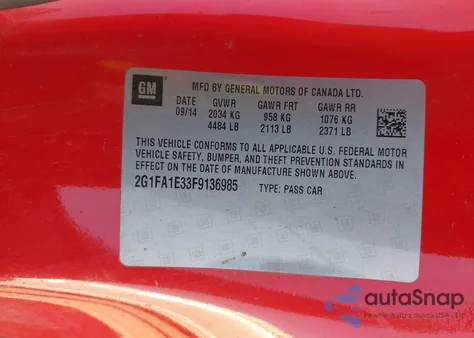 2015 Chevrolet Camaro 1Ls z USA, uszkodzony, nr VIN 2G1FA1E33F9136985